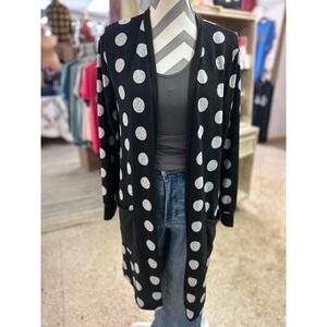 Les Amis  Cardigan Black w Gray Polka Dots‎ Open Front Knit Lightweight, Sz M